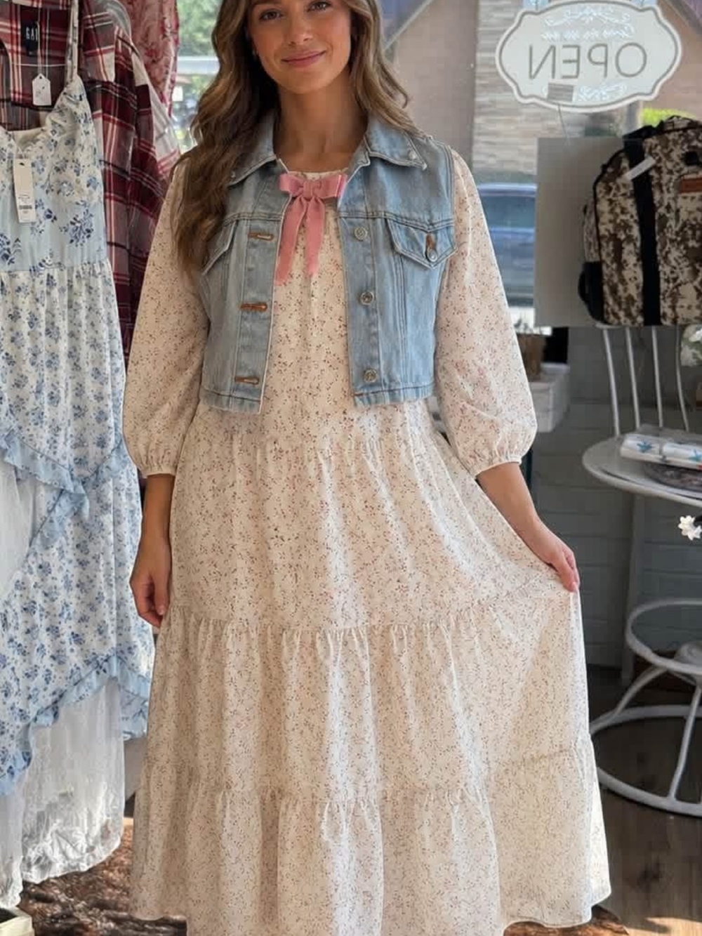 Cream Floral Tiered Maxi Dress with Pink Bow Accent
